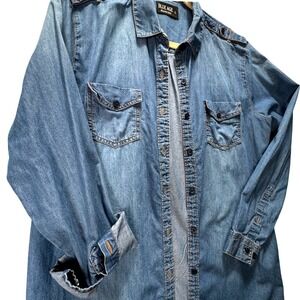 Blue Age USA Denim 100% Cotton Button Down Tunic Cover Up Shirt Epaulettes Large